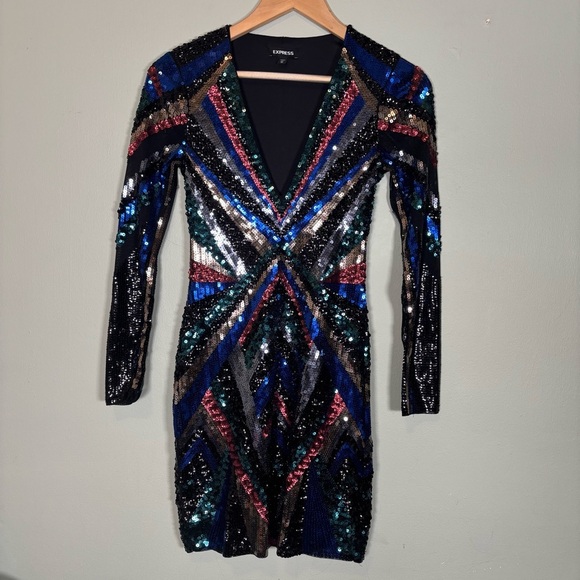 Express Long Sleeve Sequin Chevron Pattern Mini Dress-Multicolor-Women XS - Picture 2 of 9
